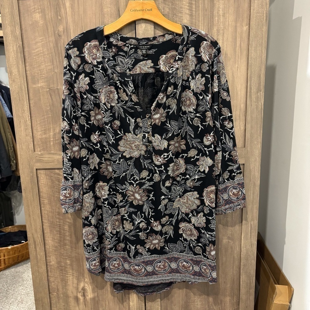 Lucky Brand 2X Tunic Black Floral Shirt V Neck 3/4 Sleeves Boho